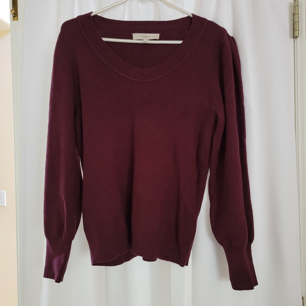Loft Maroon Puff Sleeve Sweater